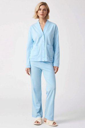 Kadın V Yaka Düşük Kol Uzun Kollu Relaxed Kalıp Örme Pijama Takımı Fonksiyonel Şık %100 Pamuk