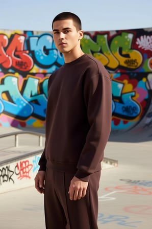 Erkek Bisiklet Yaka Düşük Kol Oversize Kalın Nakışlı Sweatshirt Fonksiyonel Dayanıklı Spor