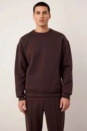Erkek Bisiklet Yaka Düşük Kol Oversize Kalın Nakışlı Sweatshirt Fonksiyonel Dayanıklı Spor