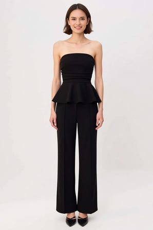 Kadın Straplez Peplum Detaylı Geniş Paça Uzun Örme Takım Soft Touch Kumaş Rahat Kesim Günlük Modern