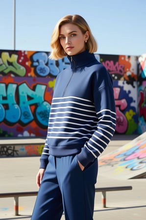 Kadın Dik Yaka Düşük Kol Fermuarlı Çizgili Oversize Kalın Örme Sweatshirt Fonksiyonel Spor