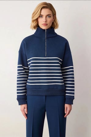Kadın Dik Yaka Düşük Kol Fermuarlı Çizgili Oversize Kalın Örme Sweatshirt Fonksiyonel Spor
