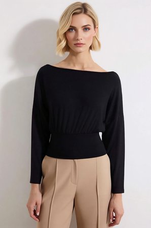Kadın Örme Bluz Kayık Yaka Uzun Kol Fitted Kalıp Peplum Bel Detaylı Yumuşak Dokulu Estetik