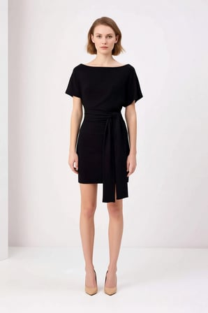 Kadın Kısa Kollu Asimetrik Yaka Bağlamalı Bodycon Mini Elbise Viskon Ribana Yumuşak Örme Günlük