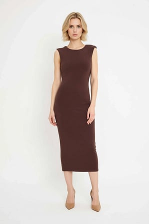 Kadın Kolsuz Bodycon Maxi Elbise Sırt Detaylı Sandy Dokulu Party Astarlı Bisiklet Yaka Günlük Rahat