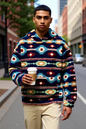 Erkek Kapüşonlu Düşük Uzun Kollu Örme Polar Dokuma Oversize Geniş Kesim Retro Desenli Sweatshirt