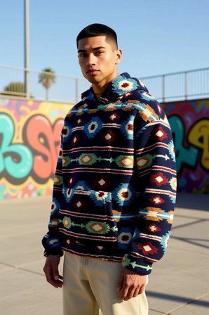 Erkek Kapüşonlu Düşük Uzun Kollu Örme Polar Dokuma Oversize Geniş Kesim Retro Desenli Sweatshirt