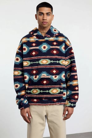 Erkek Kapüşonlu Düşük Uzun Kollu Örme Polar Dokuma Oversize Geniş Kesim Retro Desenli Sweatshirt