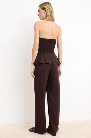 Kadın Straplez Peplum Detaylı Geniş Paça Uzun Örme Takım Soft Touch Kumaş Rahat Kesim Günlük Modern