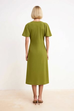 Kadın Midi Boy V Yaka Melek Kol Kısa Kollu Bodycon Kesim Scuba Krep Örme Astarsız Elbise Günlük
