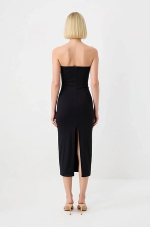 Kadın Straplez Bodycon Maxi Elbise Kolsuz Derin Yırtmaçlı Poplin Dokuma Astarlı Zarif Günlük Rahat