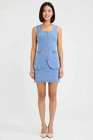 Kadın Kolsuz Kare Yaka Denim Yelek Etek Takımı %100 Pamuk Regular Kesim Düz Desen Günlük Rahat Şık