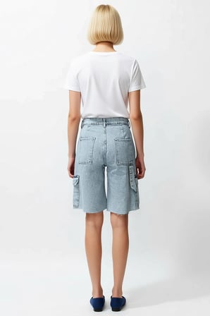 Kadın Yüksek Bel Kargo Cep Denim Bermuda Ham Paça Düz Desen Rigid Dokuma Yazlık Spor