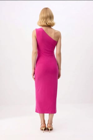 Kadın Asimetrik Yaka Tek Omuz Bodycon Midi Elbise Aksesuar Detaylı Esnek Örme Kumaş Günlük Rahat