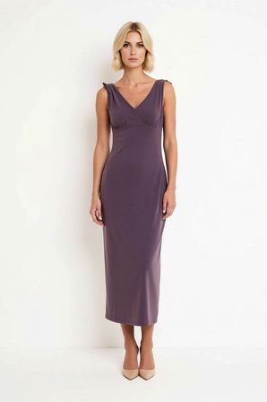 Kadın Kolsuz V Yaka Bodycon Maxi Elbise Modal Kumaş Bağlama Detaylı Astarlı Rahat Kesim Günlük Şık