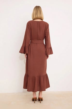 Kadın Müslin Dokuma Maxi Elbise Balon Kol Bisiklet Yaka Eteği Fırfırlı %100 Pamuk Rahat Günlük Şık