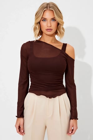 Kadın Bluz Fitted Asimetrik Yaka Tek Omuz Uzun Kol Büzgülü Tül Örme Astarlı Crop Kesim Düz Desen