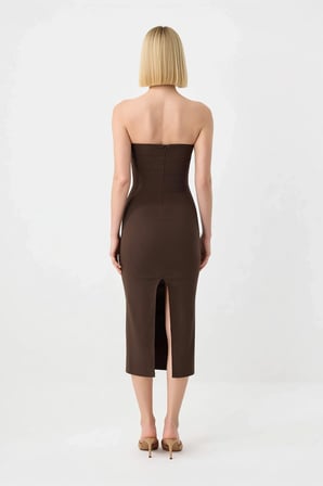 Kadın Straplez Bodycon Maxi Elbise Kolsuz Derin Yırtmaçlı Poplin Dokuma Astarlı Zarif Günlük Rahat