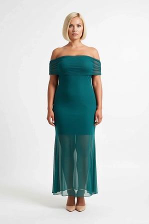 Kadın Büyük Beden Carmen Yaka Tül Örme Bodycon Maxi Elbise Kolsuz Zarif Günlük Rahat Modern Şık