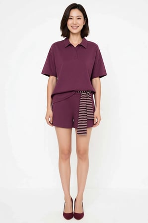 Kadın Büyük Beden Polo Yaka Kısa Kollu Oversize Ribana Örme Şort Takım Cepli Rahat Günlük Modern