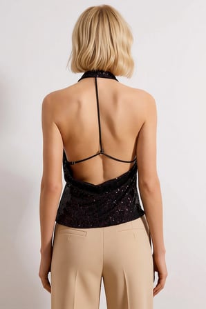 Kadın Bluz Degaje Yaka Kolsuz Örme Payetli Düz Desen Regular Kalıp Parlak Dokulu Üst Giyim Modeli