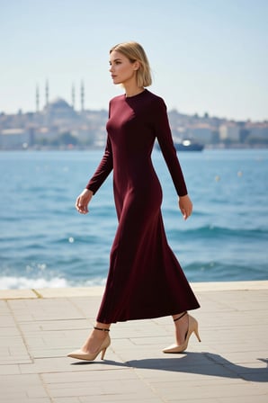 Kadın Maxi Elbise A Kesim Bisiklet Yaka Uzun Standart Kol Örme Dökümlü İnterlok Nervür Dikiş Detaylı