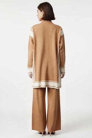 Kadın Büyük Beden Oversize Triko Tunik Pantolon Takımı Renk Bloklu Çizgili Dik Yaka Uzun Kol Günlük