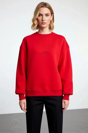 Kadın Bisiklet Yaka Düşük Kol Oversize Kalıp Nakışlı Sweatshirt Fonksiyonel Dayanıklı Spor