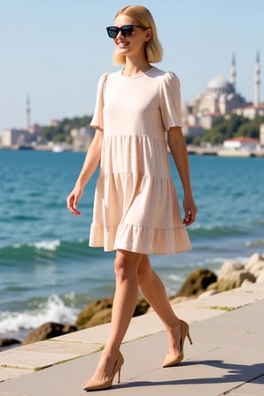 Kadın Kısa Kollu A-Line Mini Elbise Bisiklet Yaka Katmanlı Volanlı Aerobin Dokuma Günlük Rahat Şık