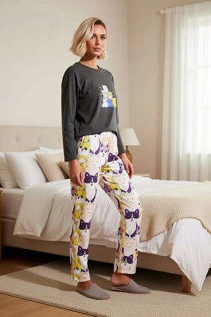 Kadın Bisiklet Yaka Uzun Kol Regular Kalıp Pijama Takımı Fonksiyonel Dayanıklı Şık %100 Pamuk