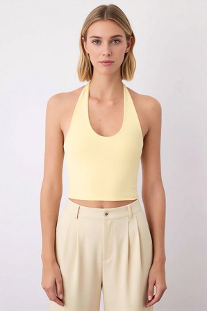 Kadın Bluz Boyundan Geçmeli Yaka Kolsuz Crop Kesim Vücuda Oturan Fitted Kalıp Örme Kumaş Düz Desen