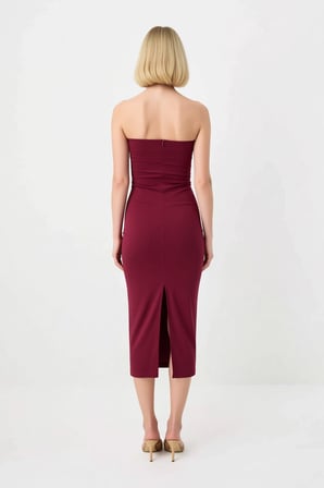 Kadın Straplez Bodycon Maxi Elbise Kolsuz Derin Yırtmaçlı Poplin Dokuma Astarlı Zarif Günlük Rahat
