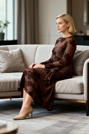 Kadın Midi Elbise Bodycon Bisiklet Yaka Uzun Standart Kol Flok Baskılı Tül Astarlı Çiçek