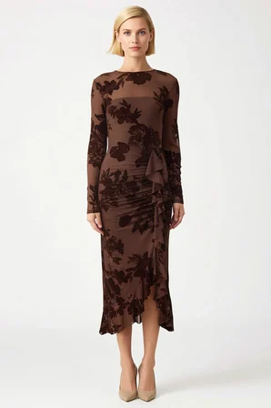 Kadın Midi Elbise Bodycon Bisiklet Yaka Uzun Standart Kol Flok Baskılı Tül Astarlı Çiçek