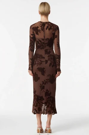 Kadın Midi Elbise Bodycon Bisiklet Yaka Uzun Standart Kol Flok Baskılı Tül Astarlı Çiçek