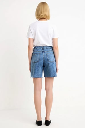 Kadın Yüksek Bel Bermuda Beli Ayarlı Düz Desen Boru Paça Kısa Boy Denim Fonksiyonel Şık
