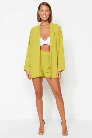 Kadın Büyük Beden Plaj Kimono Şort Takımı Şal Yaka Uzun Kol Oversize Kesim Crinkle Dokuma Günlük