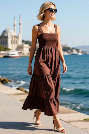 Kadın Askılı V Yaka Göğsü Lastikli Terrycotton Maxi Elbise Beden L Rahat Kesim Günlük Modern Şık