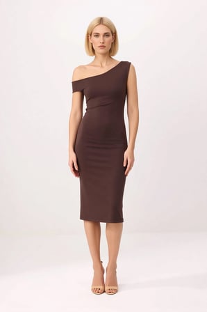 Kadın Asimetrik Yaka Düşük Kol Bodycon Midi Elbise Silky İnterlok Örme Kumaş Günlük Rahat Modern