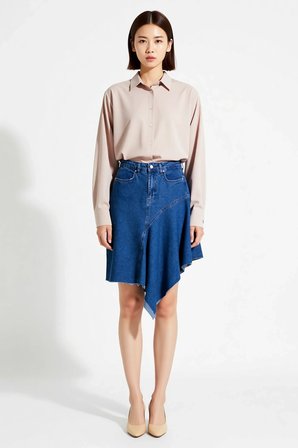 Kadın Asimetrik Kesim Yüksek Bel Midi Denim Etek %100 Pamuk Dikiş Detaylı Günlük Rahat Modern Şık