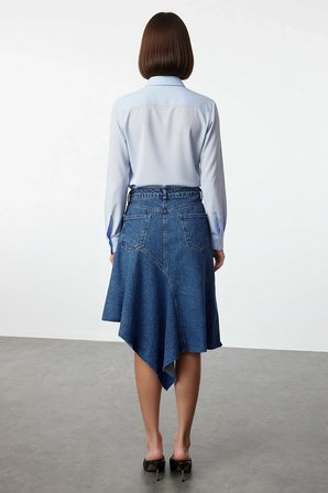 Kadın Asimetrik Kesim Yüksek Bel Midi Denim Etek %100 Pamuk Dikiş Detaylı Günlük Rahat Modern Şık