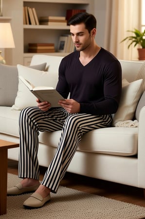 Erkek Büyük Beden V Yaka Standart Kol Uzun Kol Örme Çizgili Pijama Takımı Rahat %100 Pamuk
