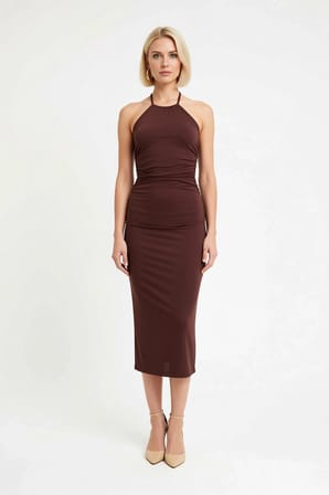 Kadın Halter Yaka Bodycon Midi Elbise İnce Askılı Astarsız Sandy Dokulu Zarif Kesim Günlük Rahat