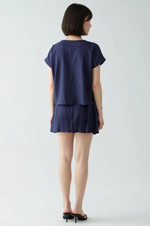 Kadın Keten Bluz Etek Takımı V Yaka Reglan Kol Mini Dokuma Rahat Günlük Kombinli Set Modern Şık