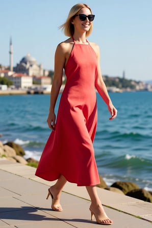 Kadın Halter Yaka Asimetrik Mini Dokuma Elbise %100 Keten Kolsuz Yazlık Rahat Kesim Günlük Modern