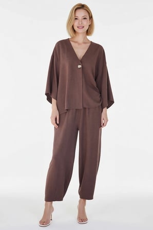 Kadın Büyük Beden V Yaka Kimono Kollu Oversize Dokuma Bluz Pantolon Takımı Rahat Günlük Modern Şık