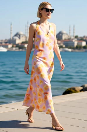 Kadın Kolsuz Halter Yaka Çiçek Desen Maxi Dokuma Elbise Astarlı Shift Kesim Saten Kumaş Günlük Rahat