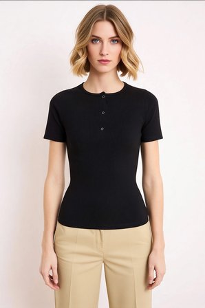 Kadın Bluz Fitted Kısa Kol Bisiklet Yaka Çıtçıt Kapamalı Fitilli Örme Kaşkorse Kumaş Esnek Yapı