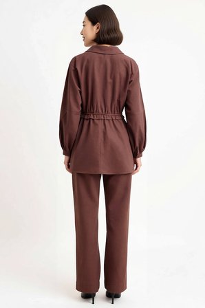 Kadın Büyük Beden Keten Karışımlı Gömlek Pantolon Takımı Beli Lastikli Uzun Kollu Rahat Günlük Şık