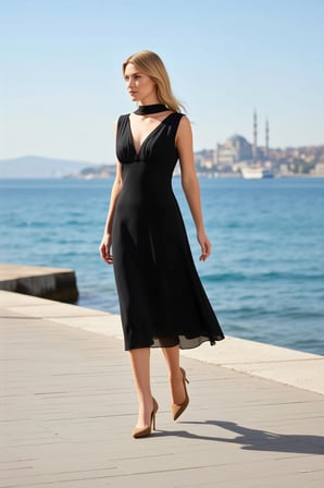 Kadın Maxi Elbise A Kesim Kruvaze Yaka Kolsuz Büzgülü Tül Örme Çan Form Astarlı Günlük Kullanım